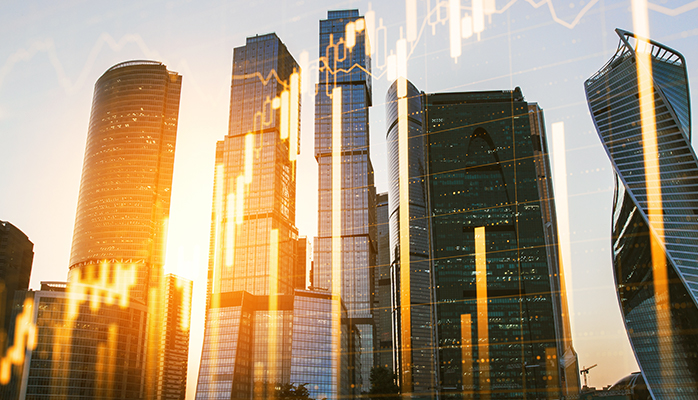 image of 5 modern skyscrapers at sundown